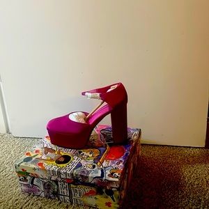 Jeffrey Campbell fuchsia satin square-toe ankle strap platform heels.
